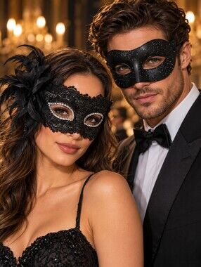 Venetian Masquerade Couples Mask Set Black Glitter Lace Feather Costume #9